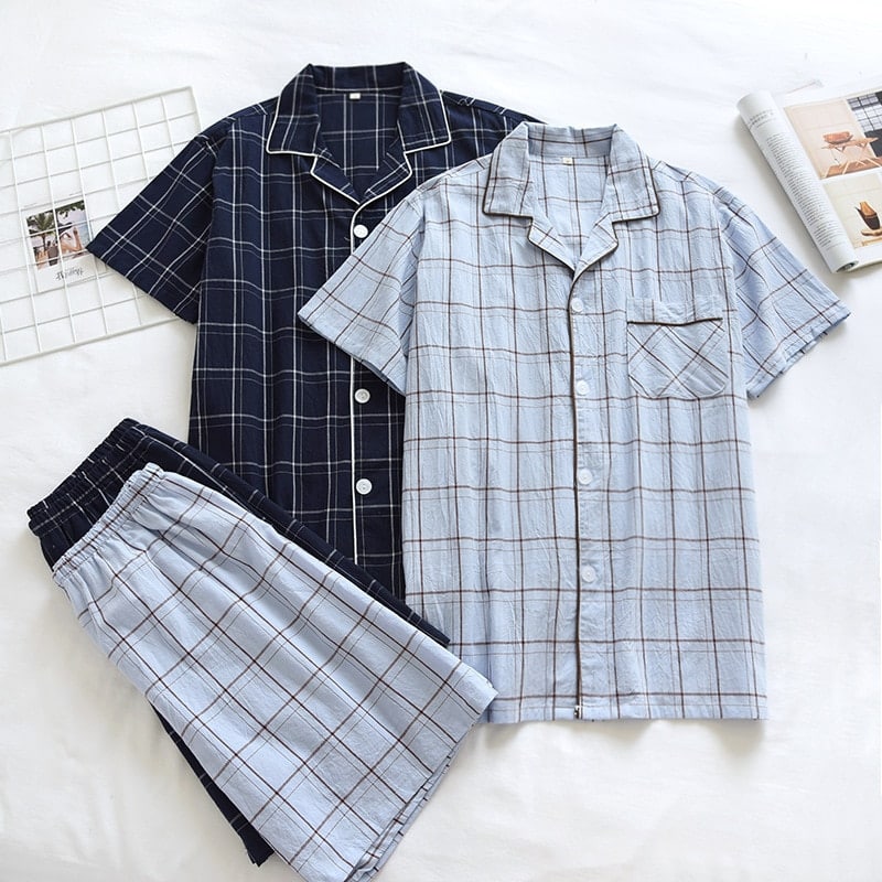Pyjama d'été pour hommes en coton à carreaux
