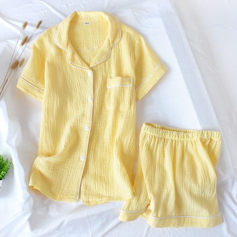 Pyjama d'été en gaze de coton unie pour femmes