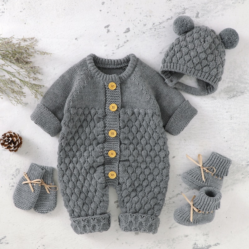 Barboteuse en tricot pour bébé avec gants, chaussons et bonnet