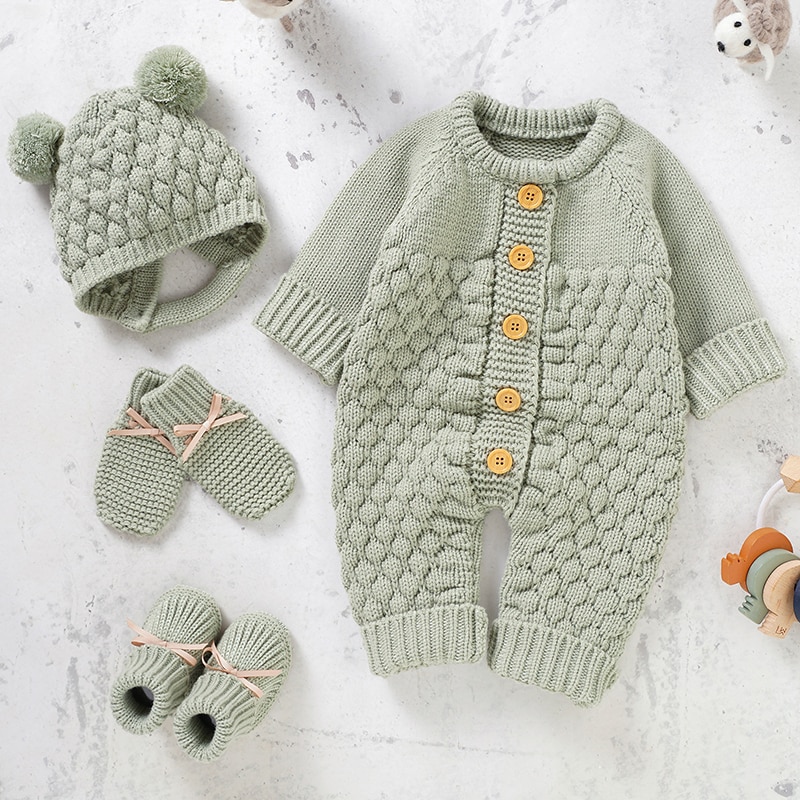 Barboteuse en tricot pour bébé avec gants, chaussons et bonnet